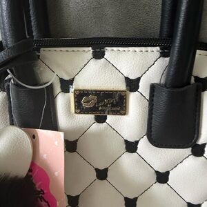 Betsey Johnson White and Black Quilted Tote with Gold Plaque